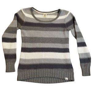 Roxy Women's Sweater Medium Striped Knit Gray & White Long Sleeve Scoop Neck